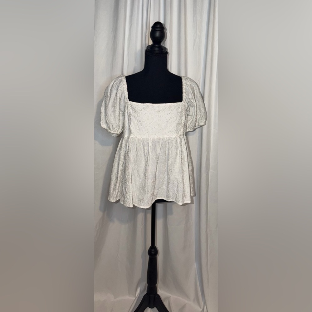 Cottagecore Babydoll Blouse Floral Eyelet Womens M Puff Sleeve Boho Top